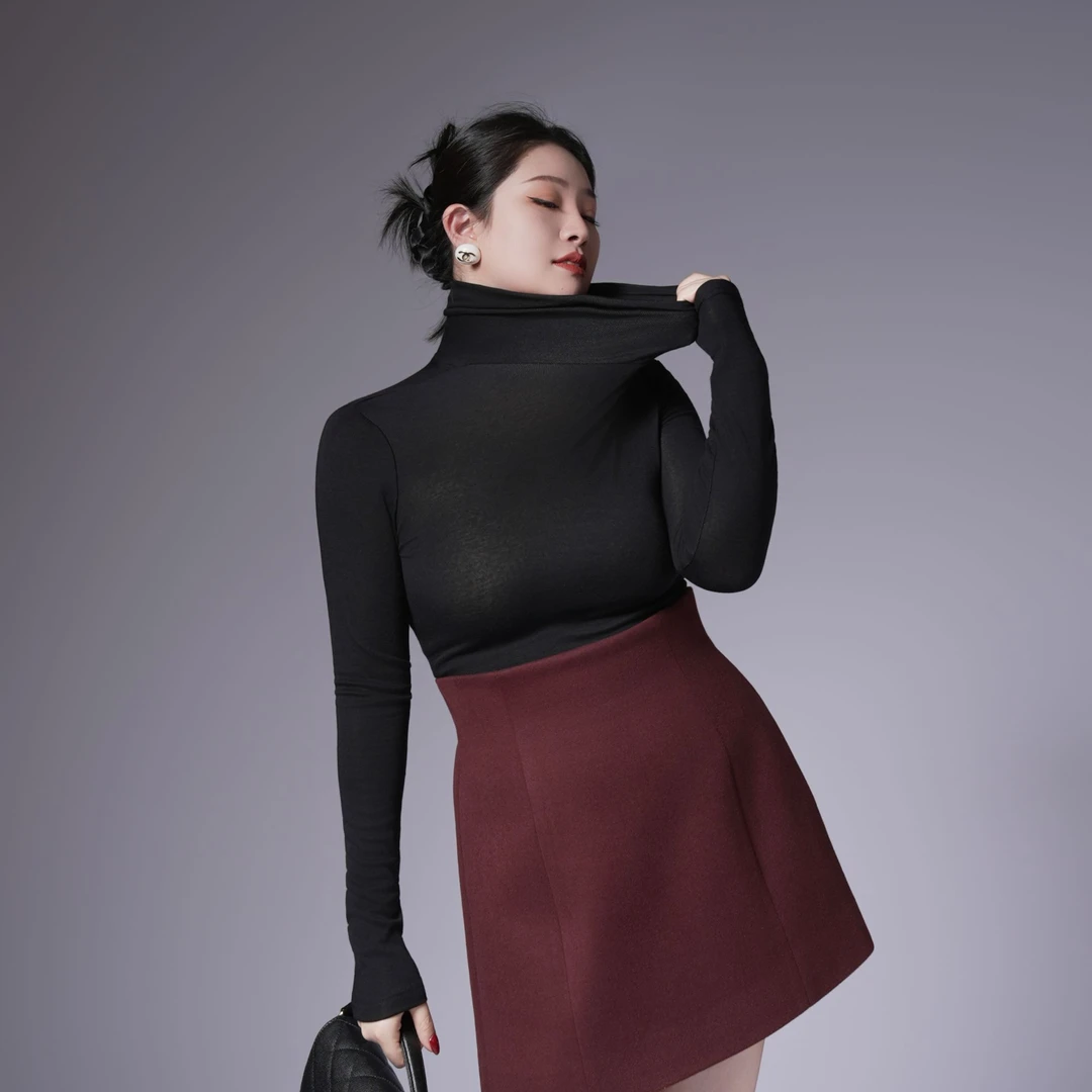 多肉宝贝天丝+绵羊毛微透高领T恤女胖mm修身显瘦长袖上衣0925D101