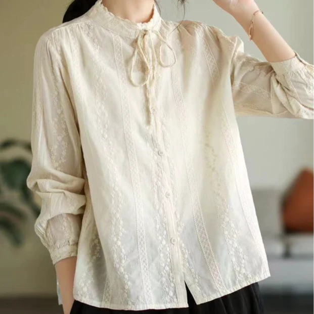 【苗姐衣橱】25早春 洋气重工刺绣飘带长袖衬衫82362