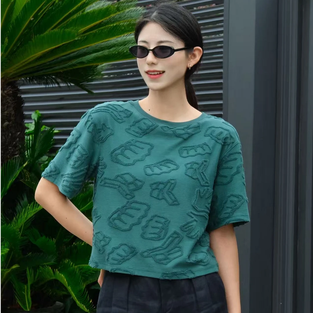 GIRDEAR/哥弟时尚百搭宽松圆领休闲复古小众提花潮流T恤1300790