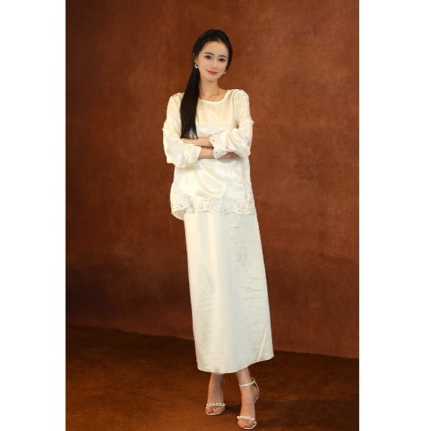 【柞语.】复古提花长袖花纹圆领上衣秋冬季气质套装