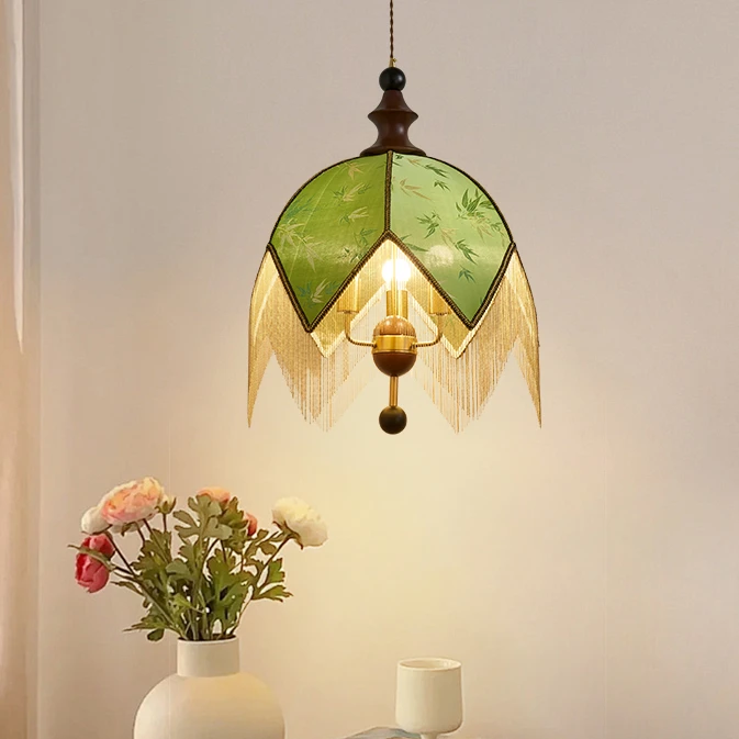 法式餐厅绿色流苏布艺灯美式复古过道玄关书房卧室床头led小吊灯