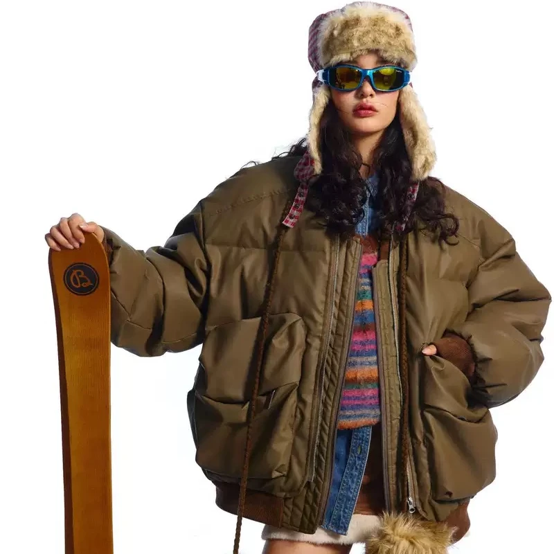 2025冬季新款美式纯色棒球服大口袋假两件夹棉棉服男女棉衣外套