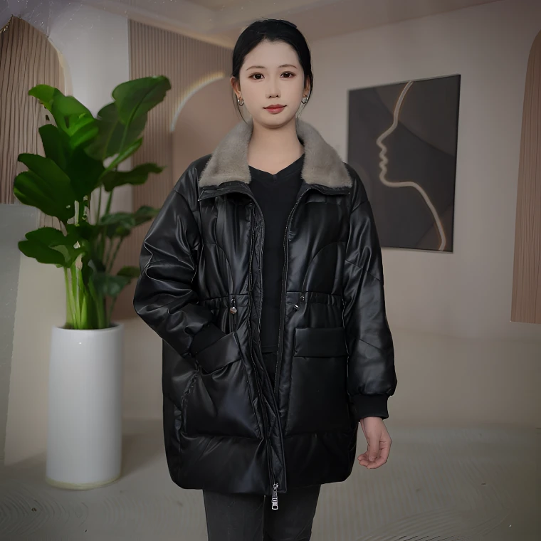 水貂领皮衣冬季加厚简约绵羊皮衣时尚中长款皮衣收腰抽绳宽松52