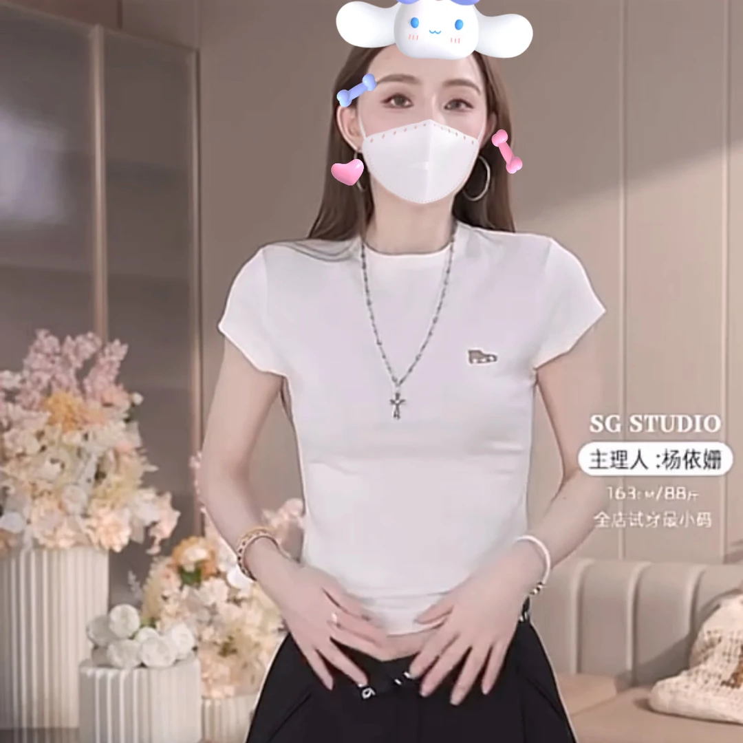 纯色镂空猫咪刺绣正肩短袖t恤女2025夏新款时尚百搭修身内搭上衣