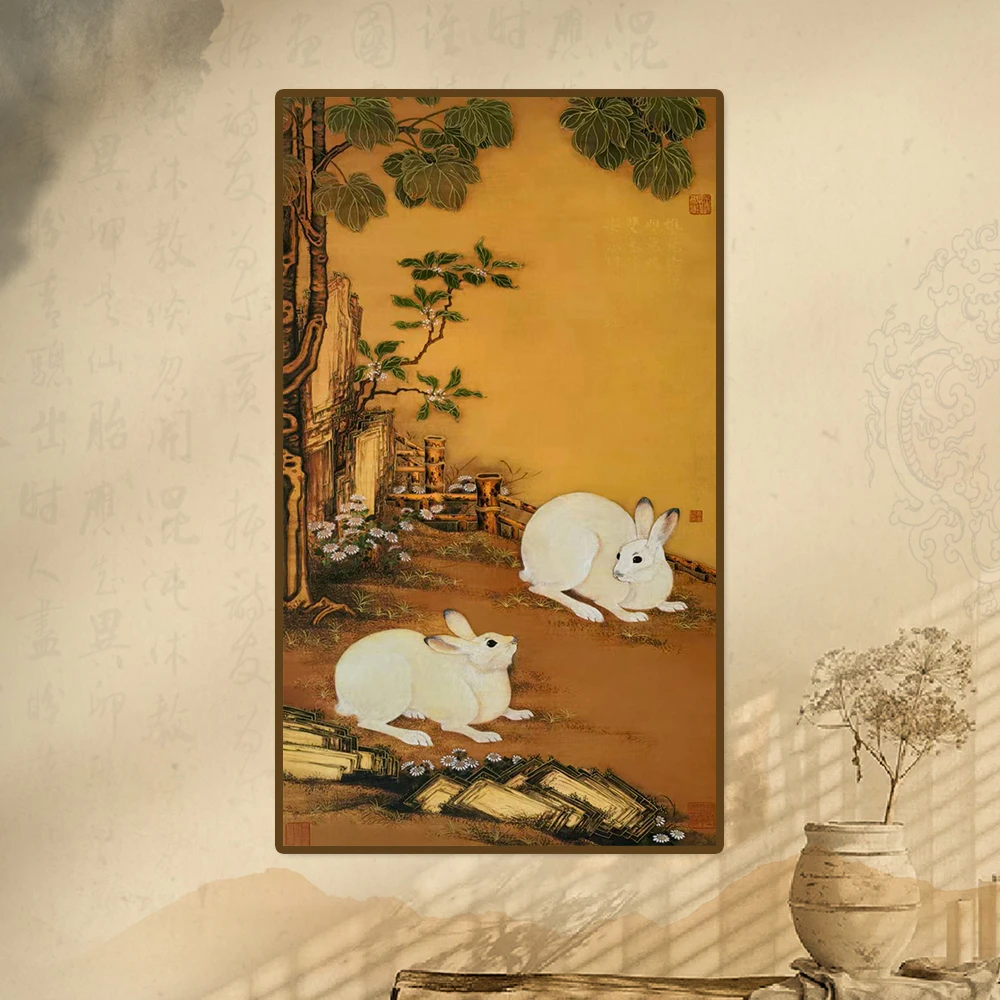 葛溪月老师展览代表作品——《梧桐双兔图》