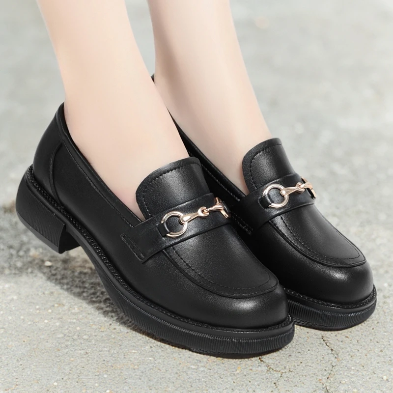 上班族乐福鞋厚底女小皮鞋真皮中老年女鞋春秋百搭中年平底妈妈鞋