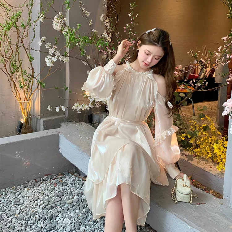 大码法式茶歇甜辣妹露肩珍珠挂脖生日蓬蓬连衣裙10991