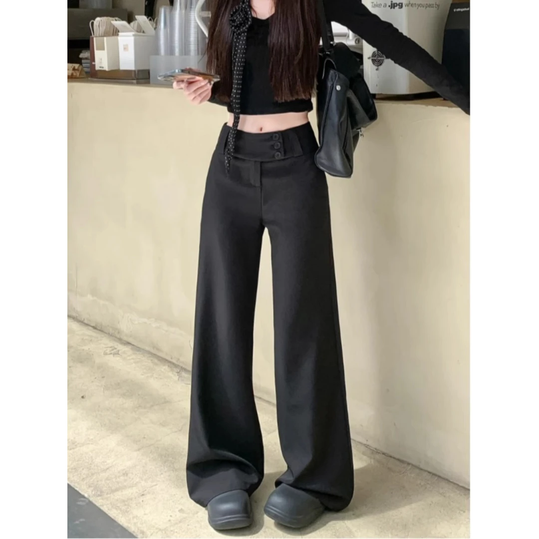 慵懒风黑色休闲西装裤女秋季辣妹低腰直筒拖地裤长裤垂感阔腿裤子