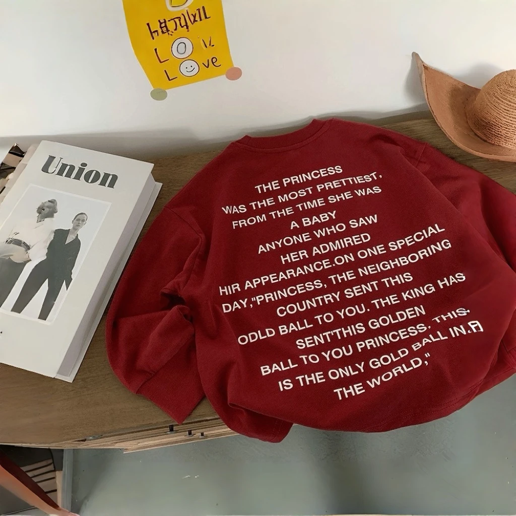 男童长袖T恤纯棉儿童打底衫潮宝街舞印花体恤春秋红色上衣复古潮