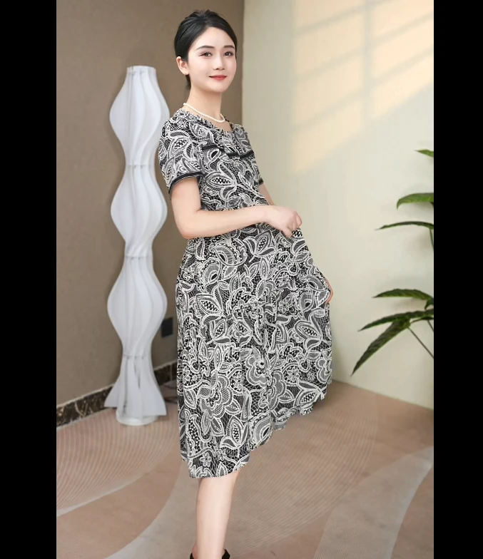 A字裙印花显瘦夏季圆领连衣裙旗袍中长款碎花气质