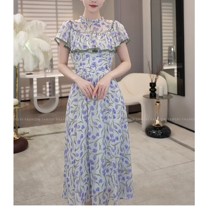 现货2025夏季新款【OU23-X2】法式小众气质小个子碎花收腰连衣裙子