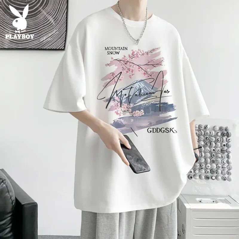 花花公子富士山樱花短袖T恤男款夏季美式高街情侣半袖潮牌宽松T恤