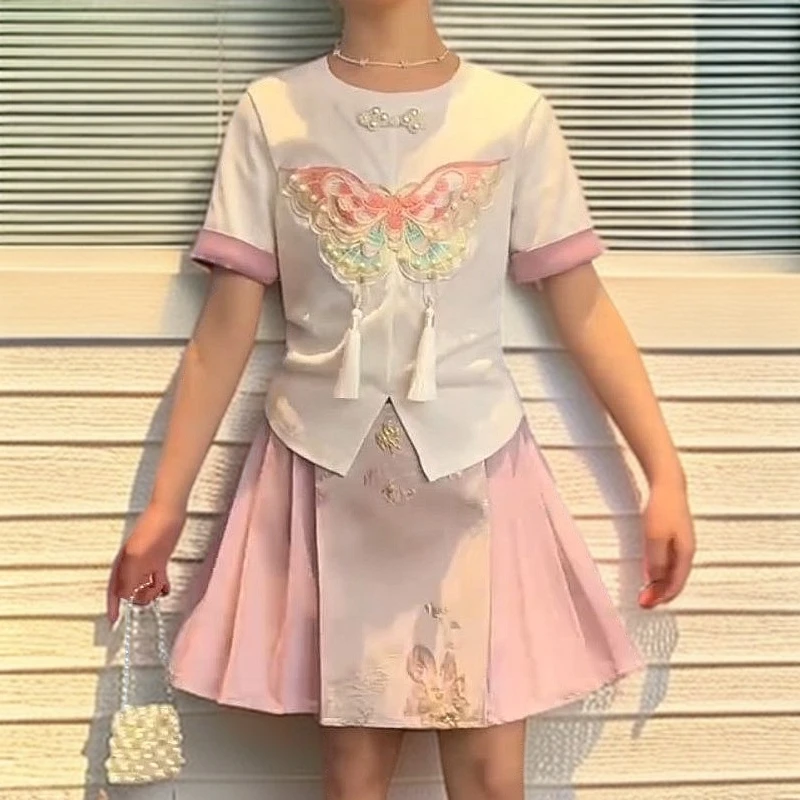 女童新中式套装2025新款儿童裙子蝴蝶刺绣短袖T恤马面裙两件套潮