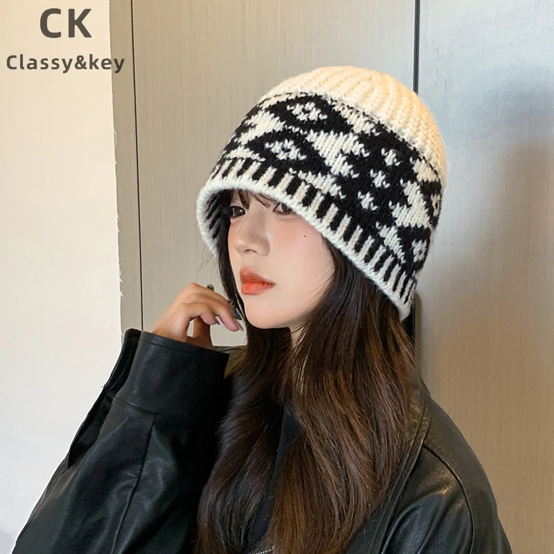 Classy key新加坡设计师联名款复古格纹针织帽子女秋冬百搭包头帽