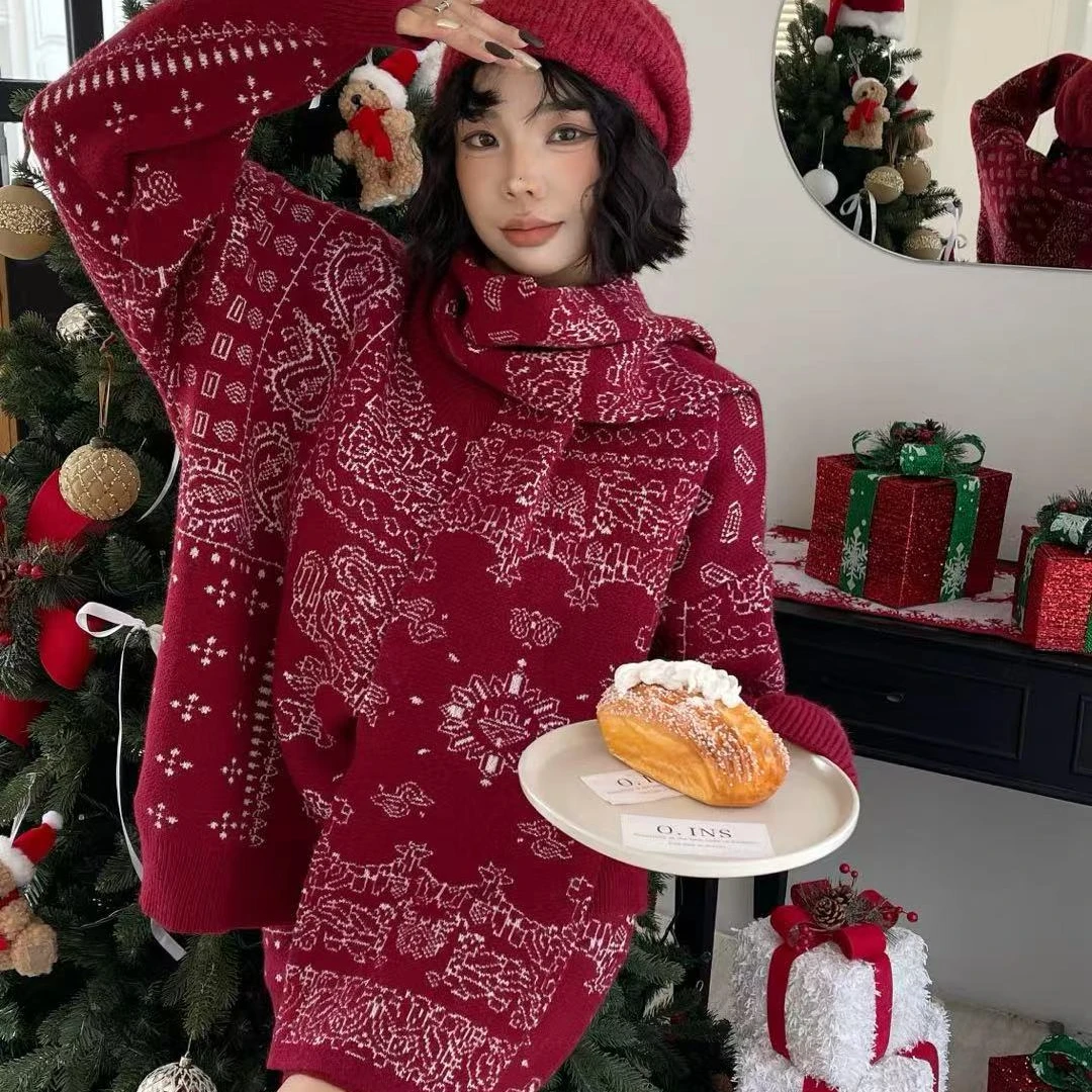 欧货时尚气质圣诞针织套装女秋冬慵懒风v领毛衣半身裙围巾三件套