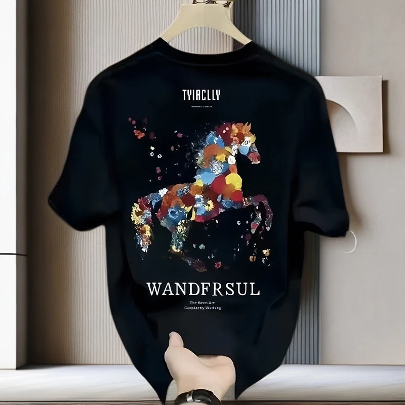 啄木鸟印花夏季日常短袖圆领商务T恤半袖男装修身休闲男士宽松