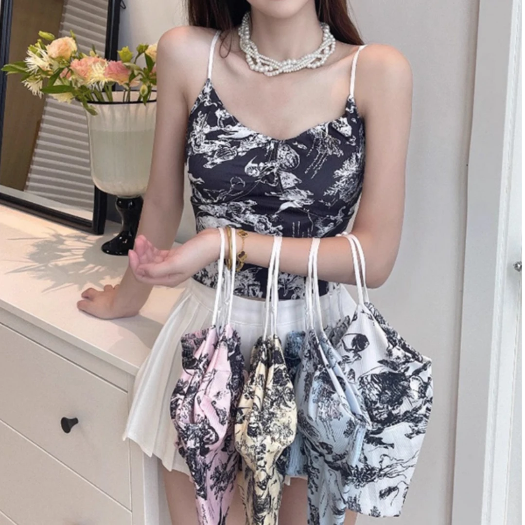 水墨印花小吊带背心女自带固定杯垫网红款内搭背心