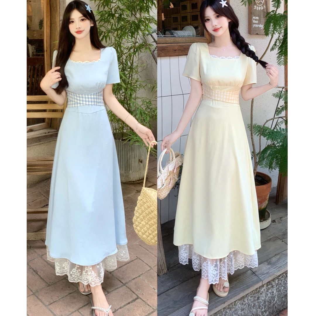 清仓法式气质方领格子绑带夏季设计感时尚收腰连衣裙复古显瘦裙子