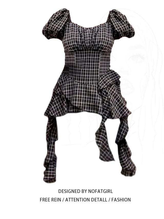 大码胖MM法式方领泡泡袖格子短袖衬衫女夏季不规则荷叶边飘带上衣