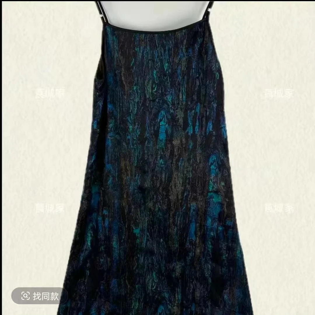 雀纹蓝新中式A字版设计款吊带连衣裙311