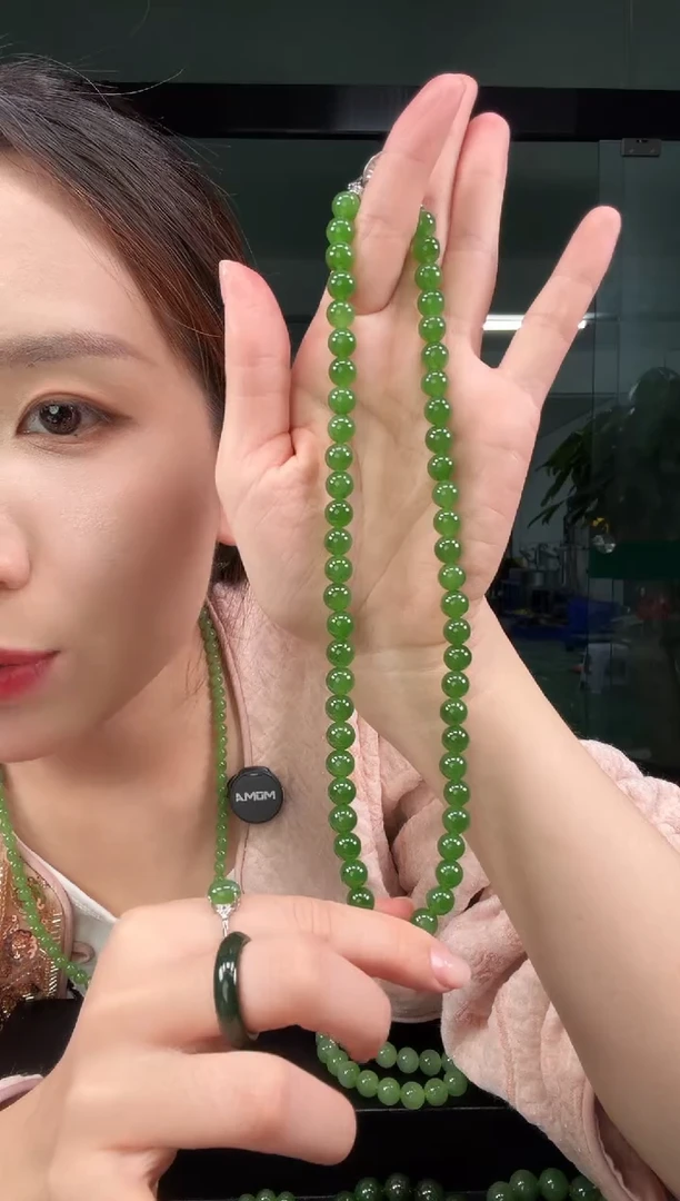 项链未镶嵌和田玉（碧玉）碧玉8mm高阶正阳绿妈妈链