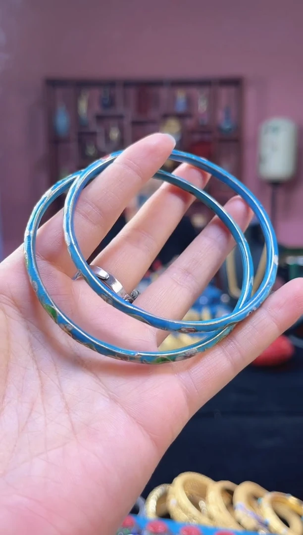 平**生非遗 景泰蓝叮当镯 一对 湖蓝60+