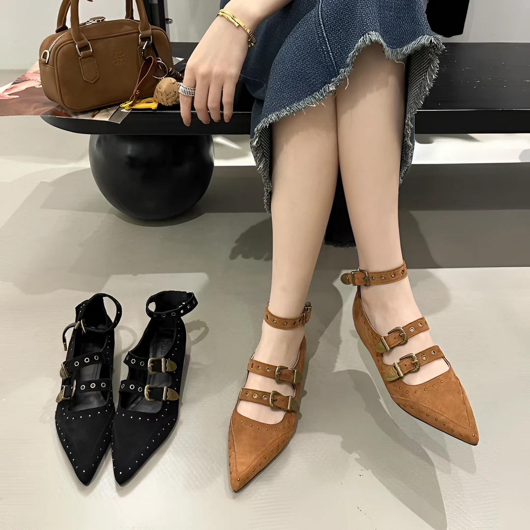 梦梦家 916-3 内增高时髦铆钉尖头皮带扣女2025新款复古百搭单鞋