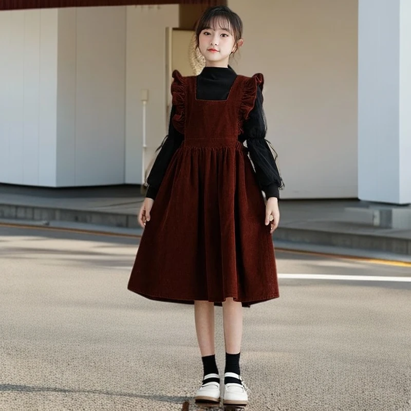 女童秋冬套装新款儿童衣服时髦洋气中大童女孩红色背带裙子两件套