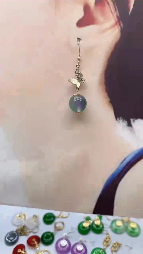 14K金镶嵌石英质玉（非洲翠）耳饰128