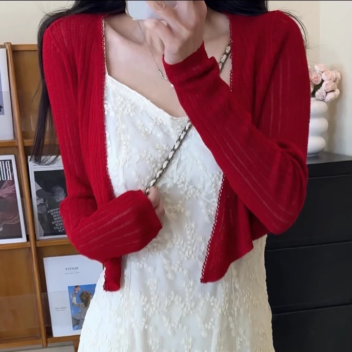 红色短款针织开衫女夏季显瘦防晒长袖上衣