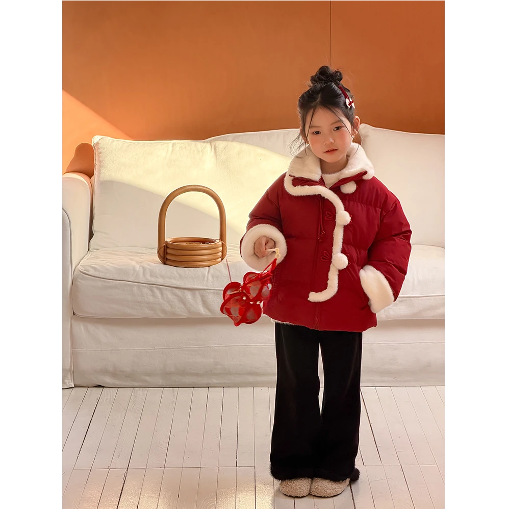 【新年款】女童冬红色保暖棉衣外套儿童毛绒撞色拼接球球棉服25M192