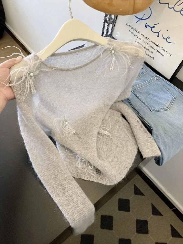 2025新款早秋高级感时尚法式优雅气质简约绝美轻薄灰色针织上衣女