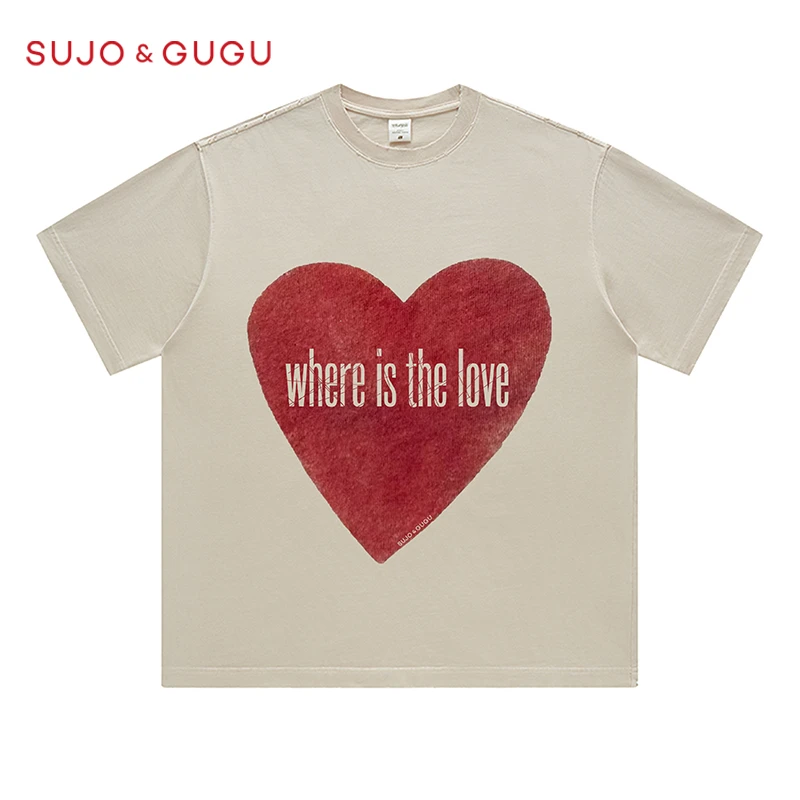 300克重磅落肩纯棉水洗做旧美式潮牌破洞T恤复古爱心休闲短袖情侣