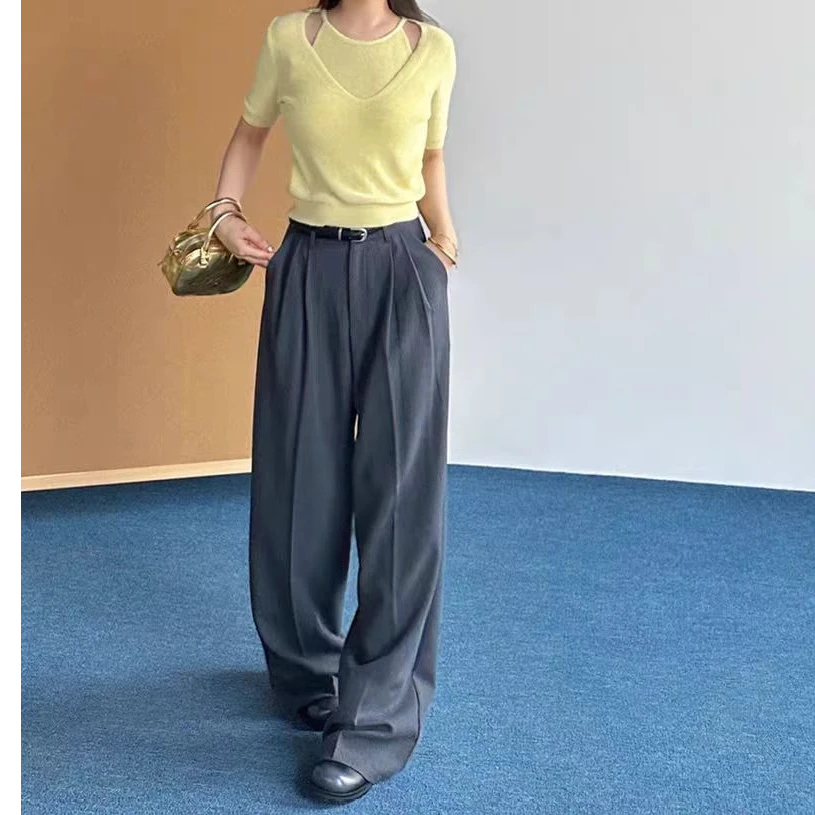 韩系温柔针织短袖假两件显瘦百搭层次感所以女