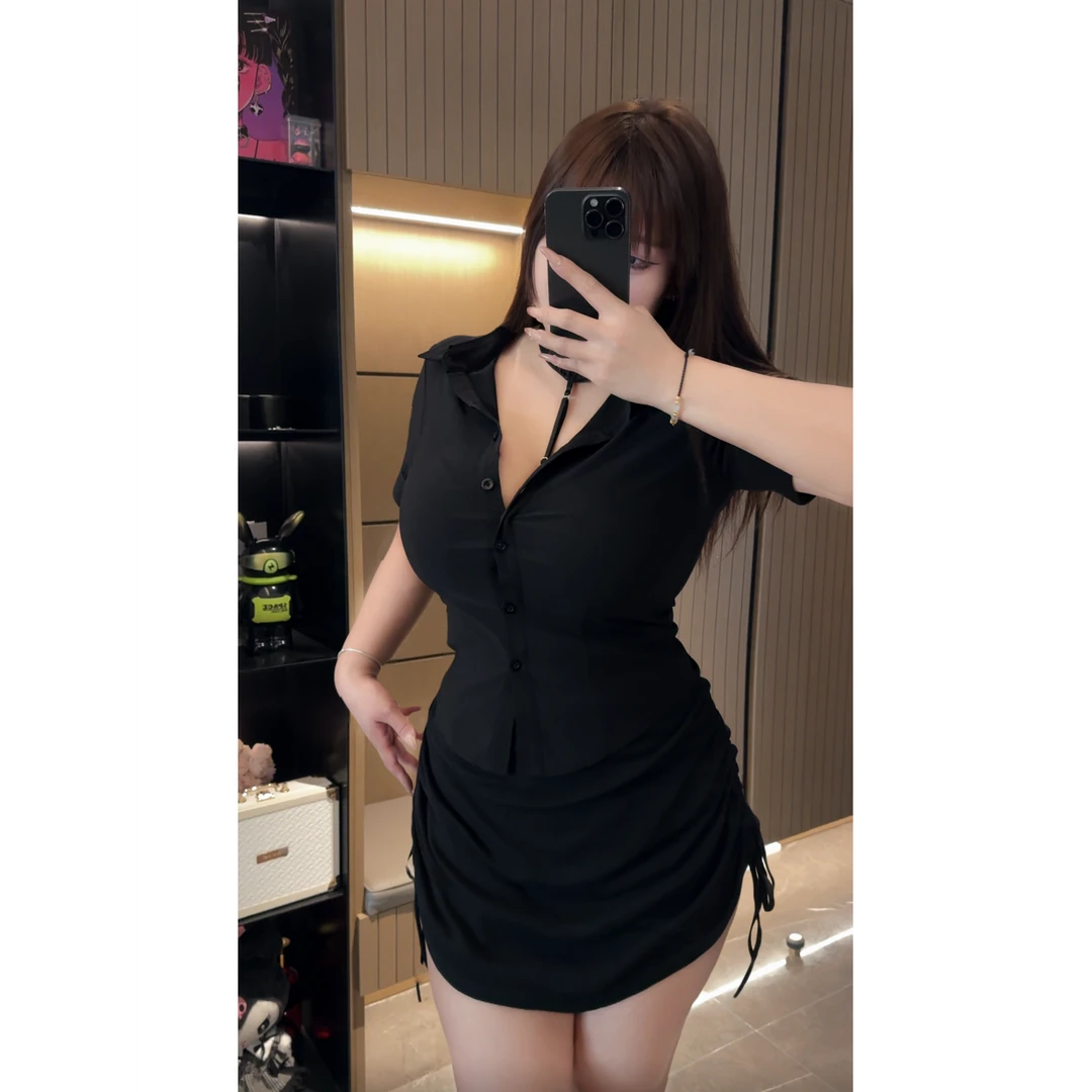 【清清】胖MM纯欲风polo领短袖衬衫半裙辣妹褶皱修身包臀短裙套装