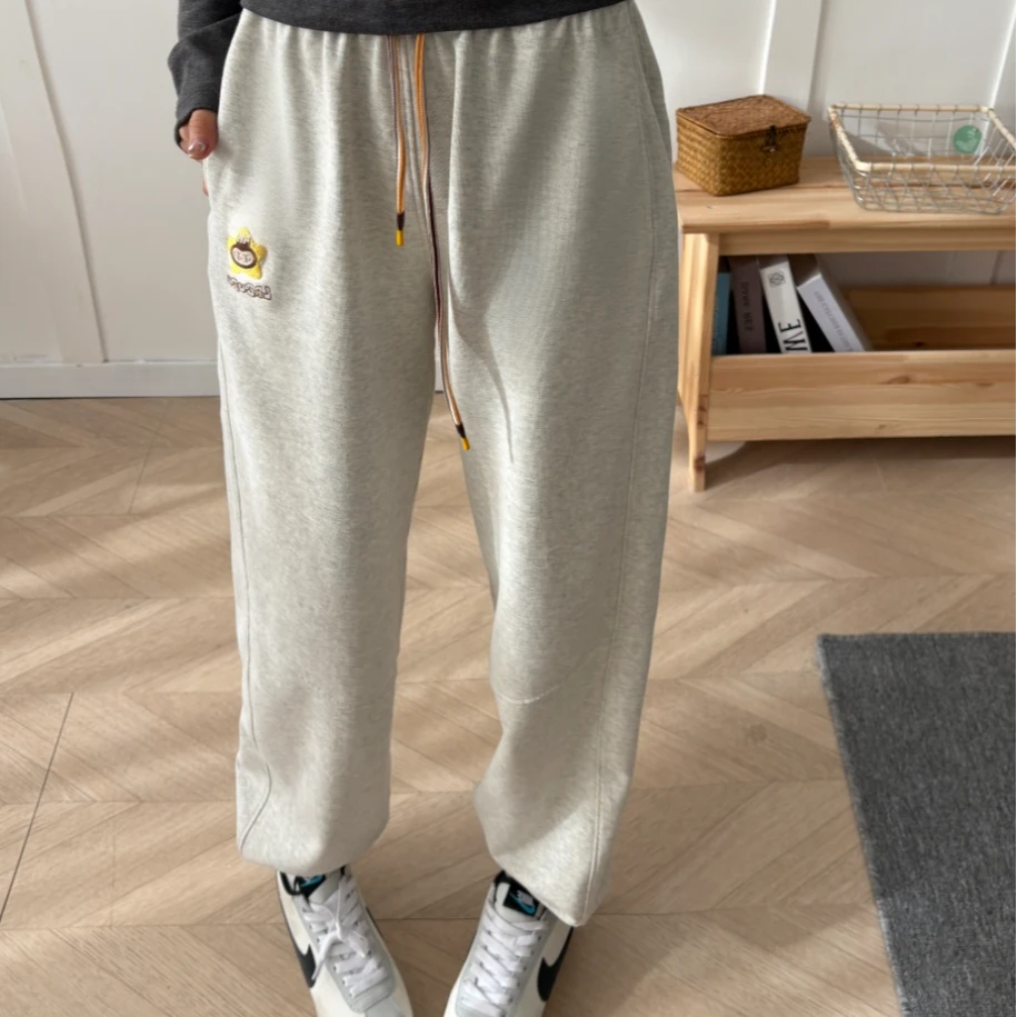 纸袋家春季「星星拉布刺绣380克纯棉毛圈休闲裤」09007显瘦束脚卫裤