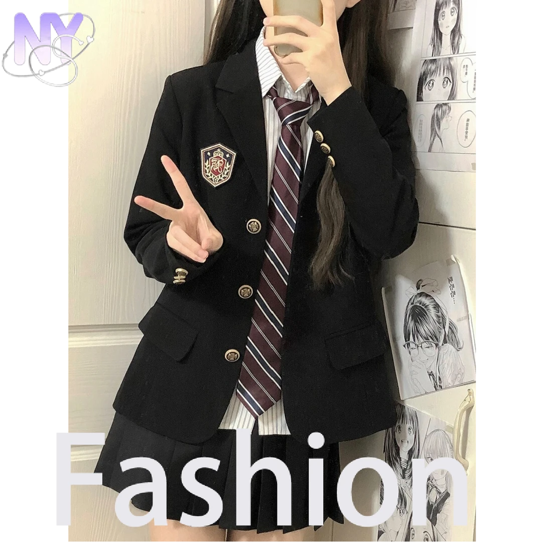 春秋西装外套女大学生答辩面试正装绀色jk制服三粒扣收腰西服上衣