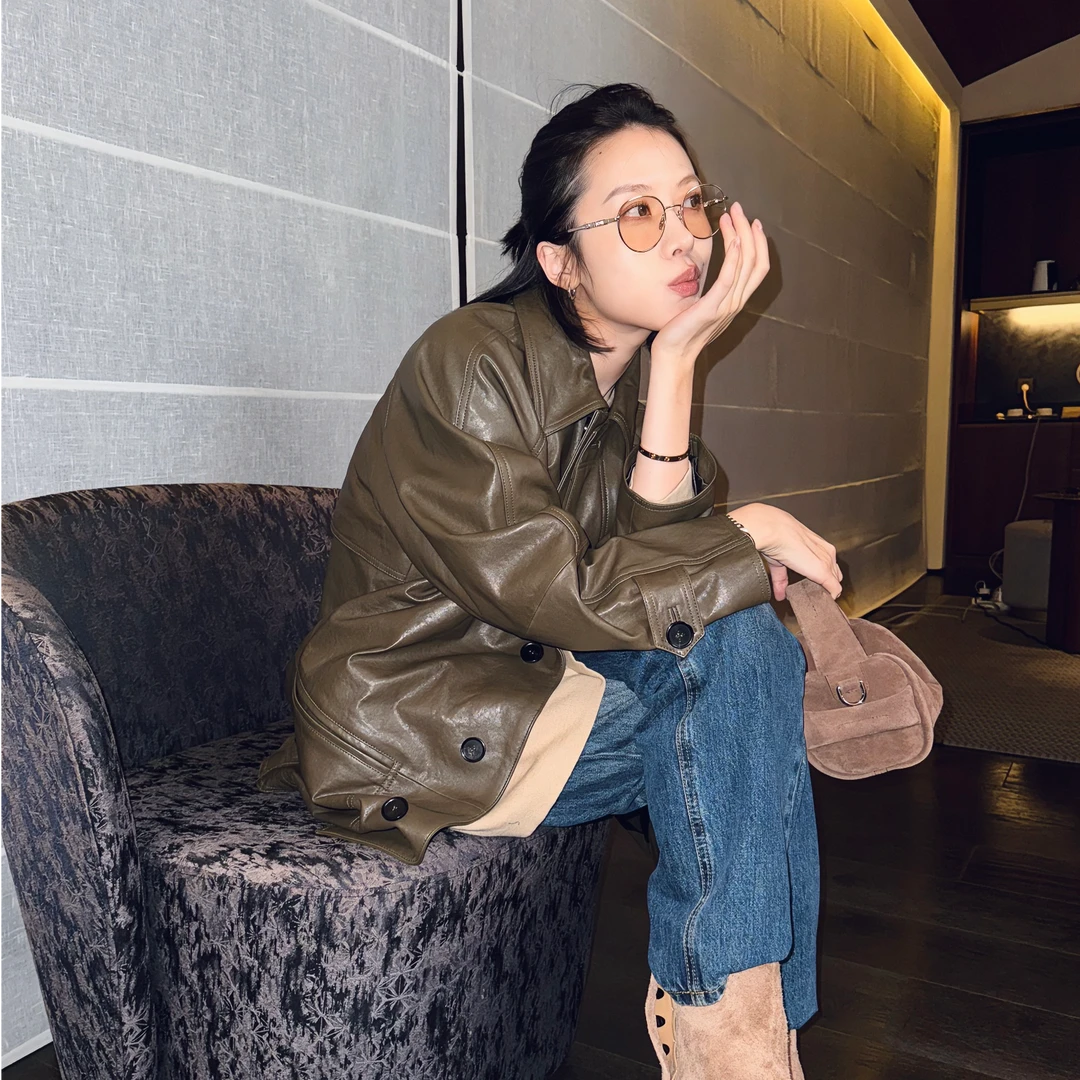 DE Mincollection棕绿皮衣/怀旧感复古翻领一手长绵羊皮外套56017