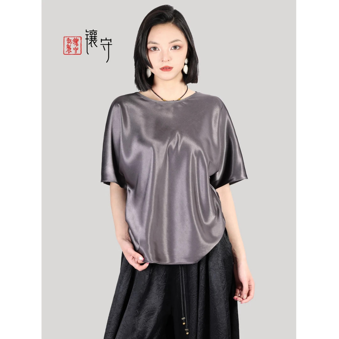 【镶守·云纱】春夏中式休闲百搭时尚设计高端蝙蝠袖醋酸短袖LL1050