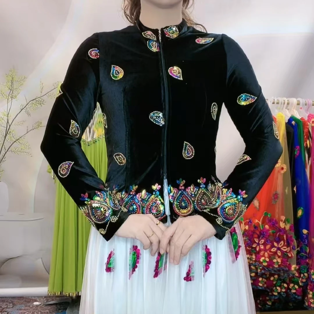 【厂家直销】新款民族风服饰女士重工金丝绒彩色串珠短款外套