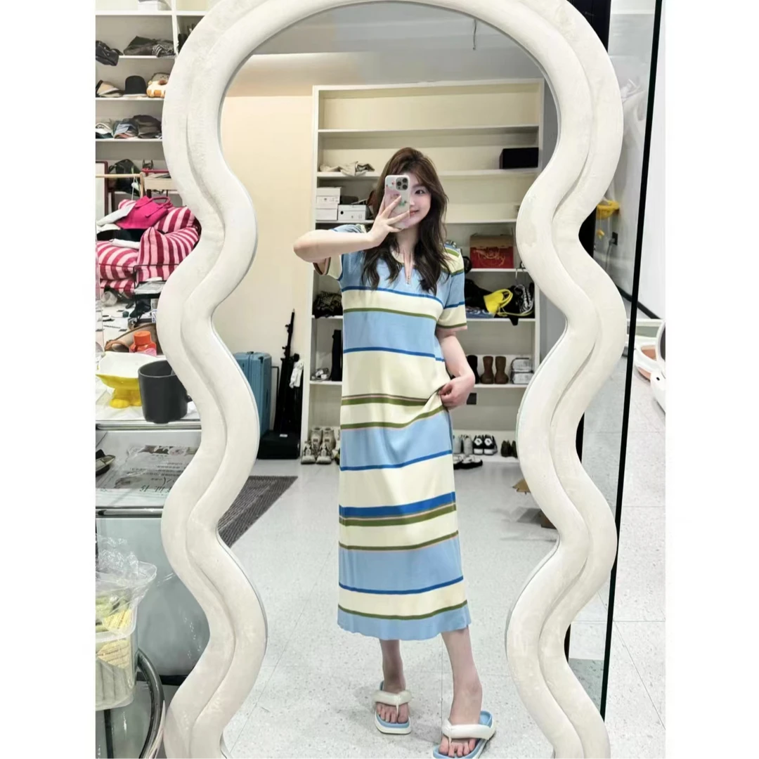 晶咕【慵懒周末】高级圆领冰麻针织拉链拼色时尚气质条纹短袖连衣裙