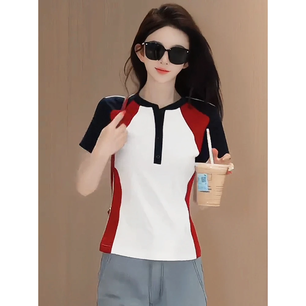 设计感撞色短袖t恤女2025新款爆款夏季修身显瘦独特超好看上衣女