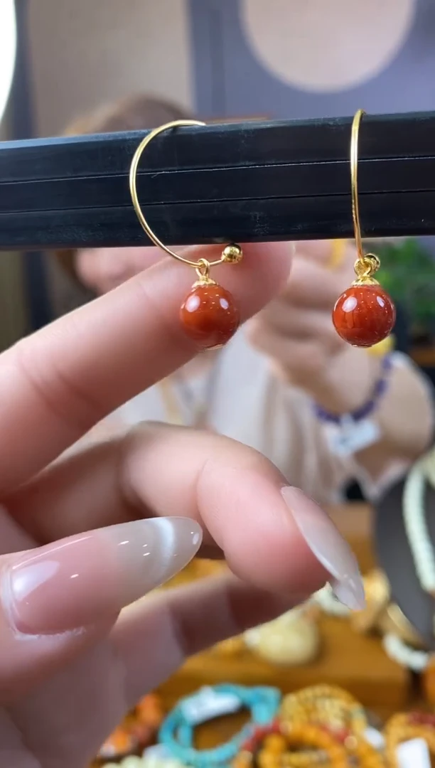 南红玛瑙银S925镶嵌耳饰QE0158 南红耳钩