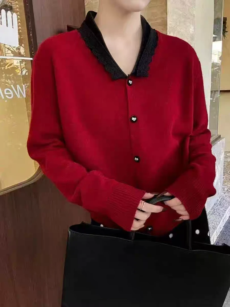 衣源Y51#法式甜美蕾丝拼接v领毛衣女秋冬新款针织开衫（长约56）