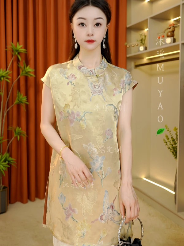 【祈念】2025夏季新款新中式短袖T恤女装上衣立领时尚气质优雅显瘦