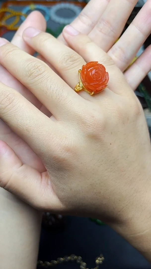 银S925镶嵌南红玛瑙戒指牡丹花 06