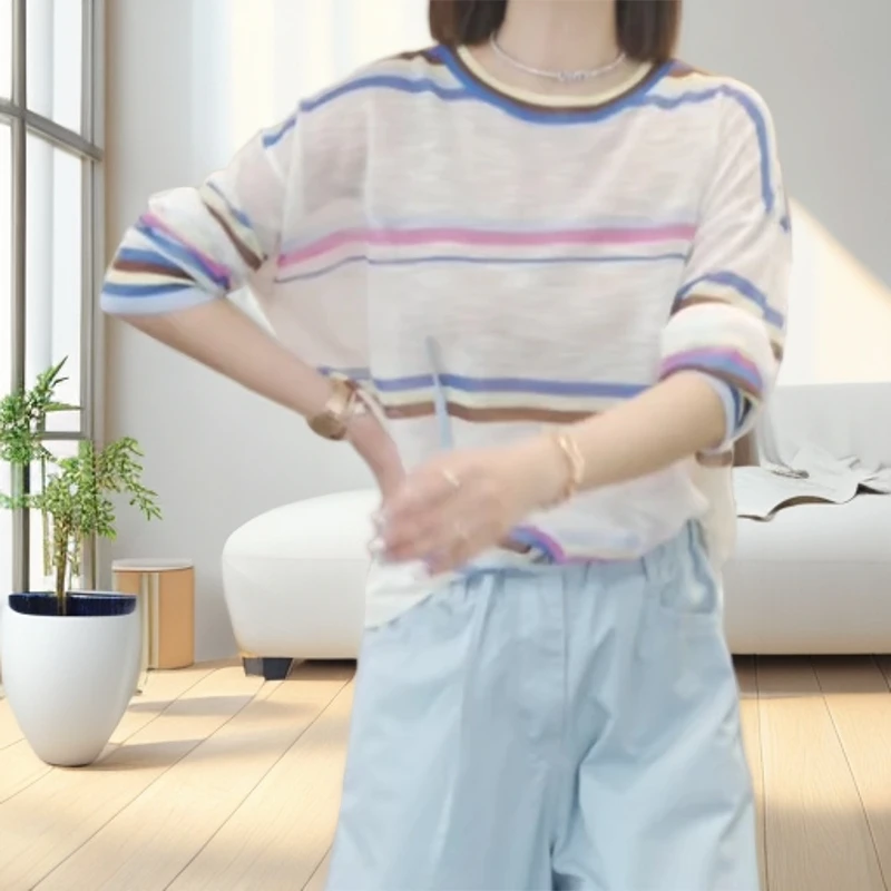 【绮色织章】2025夏季新款时尚百搭宽松休闲针织上衣C5493