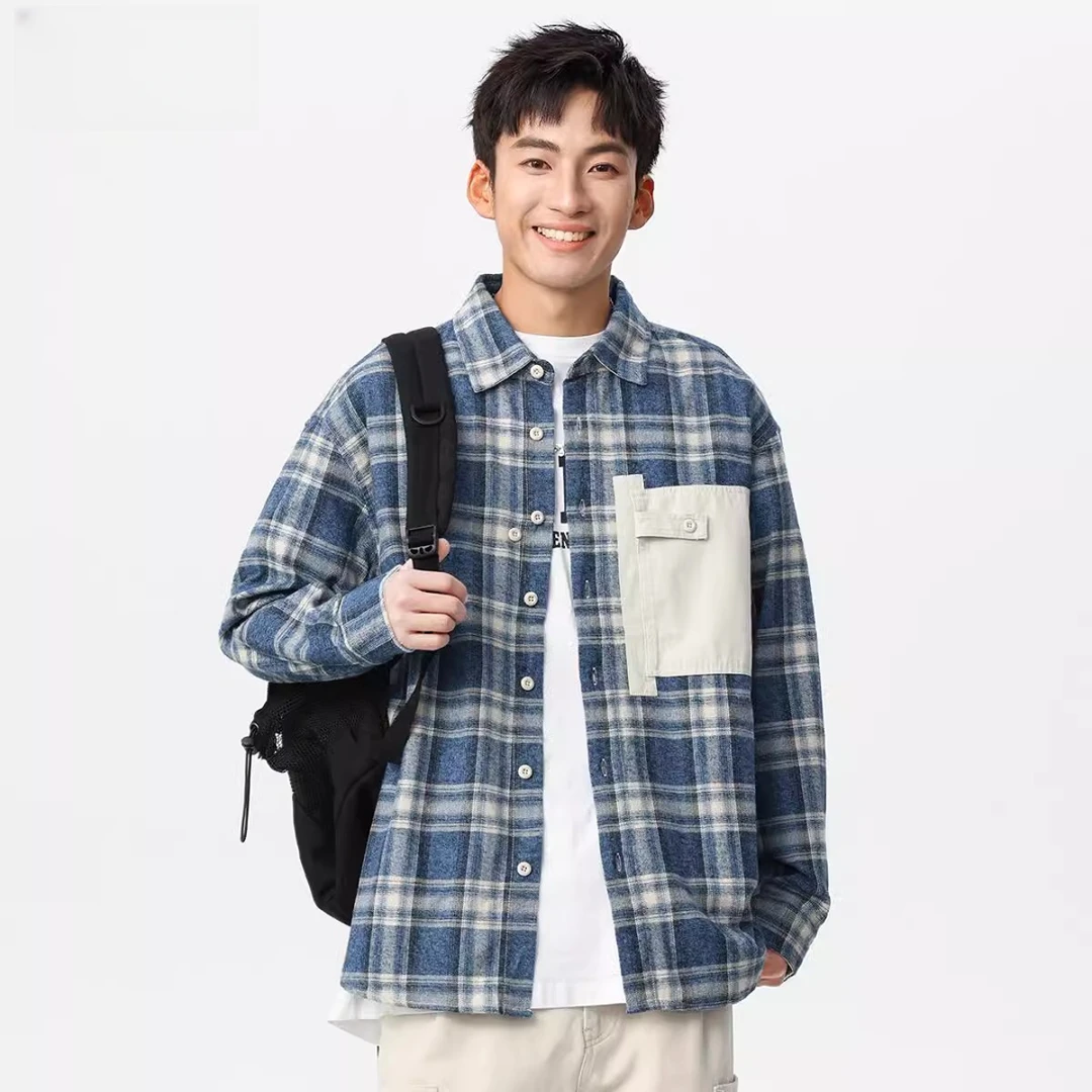 拼色格子衬衫男春季ins潮牌少年感水洗纯棉宽松休闲衬衣情侣外套