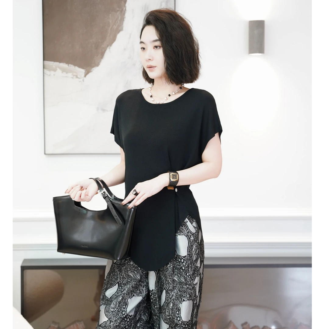 MORELAN2025春夏原创小众不规则气质纯色针织圆领短袖上衣270618