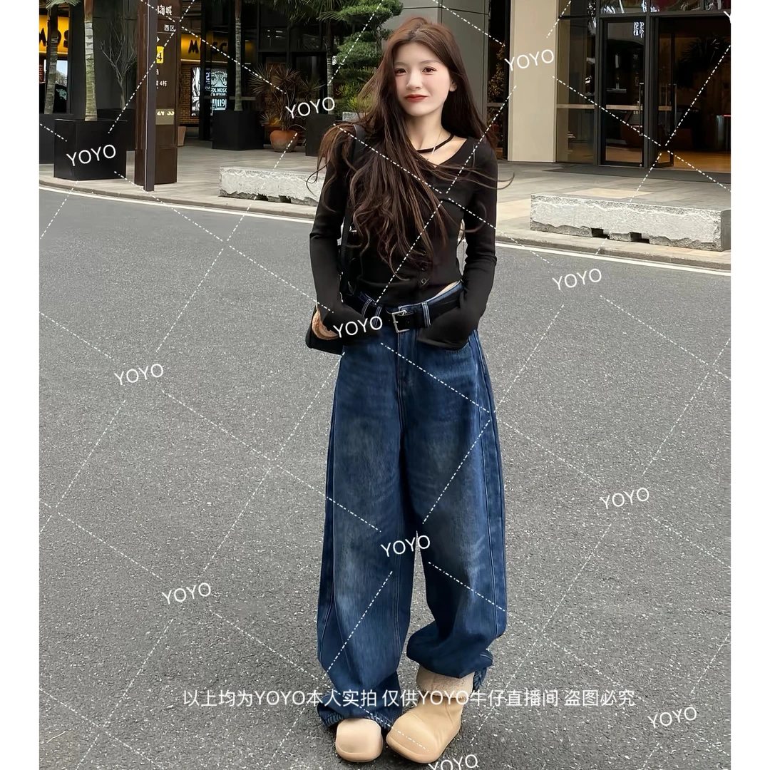 YOYO自制2【复古蓝牛仔】加绒加厚冬款显瘦宽松休闲阔腿拖地裤